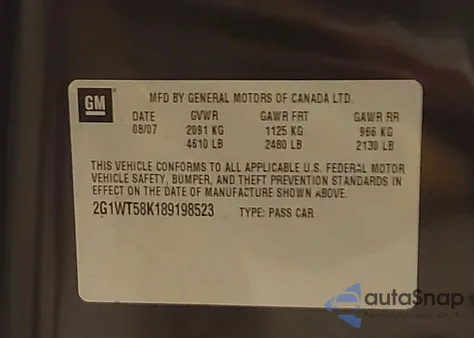 2008 Chevrolet Impala Lt from USA, damaged, VIN 2G1WT58K189198523